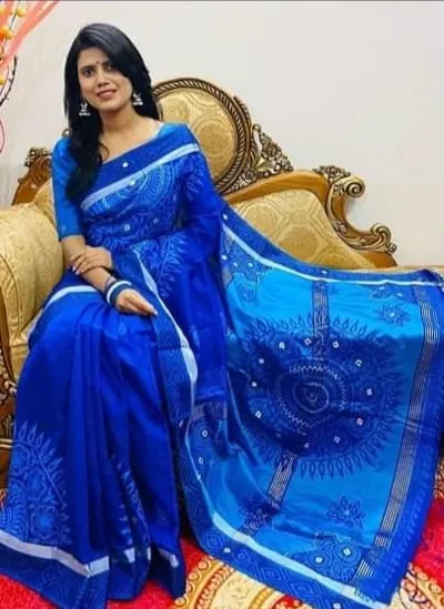 ব্লক প্রিন্ট ও এমব্রয়ডারির ধুপিয়ান সিল্ক শাড়ি, 13 হাত