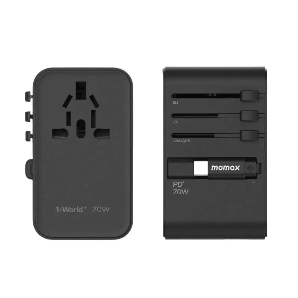 Momax 1-World+ 70W GaN 3 পোর্ট + AC ট্রাভেল অ্যাডাপ্টার, USB-C ক্যাবলসহ