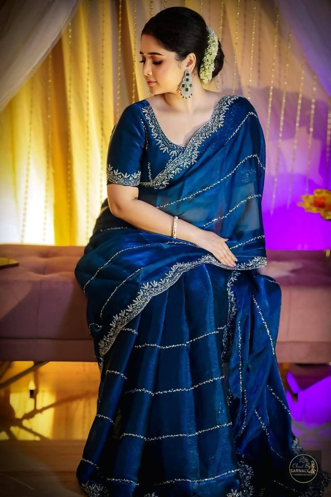 Embroidered Soft Georgette Saree with Separate Blouse Piece