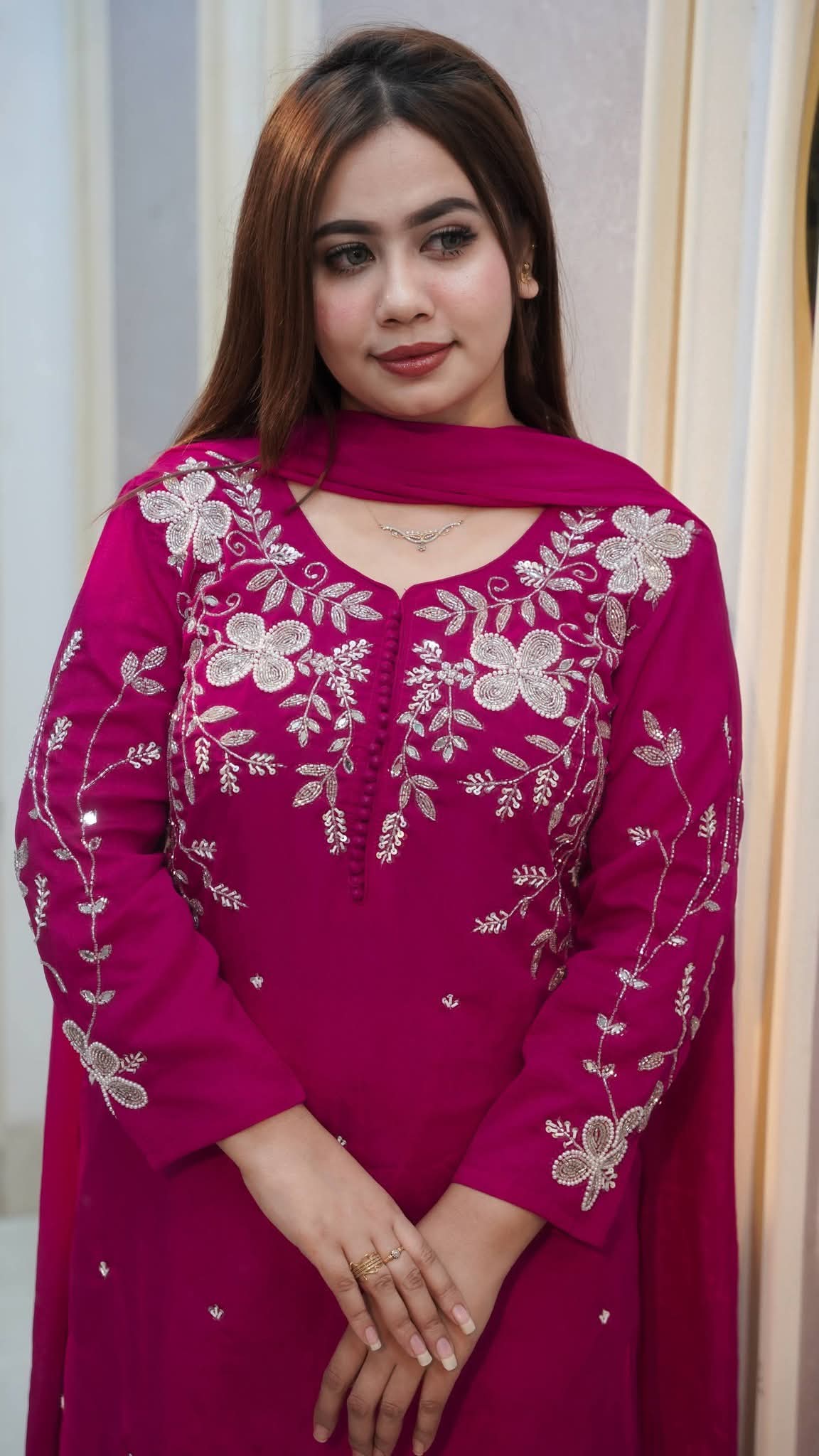 Women's Rayon Cotton Embroidered Three Piece with Stone Work Orna