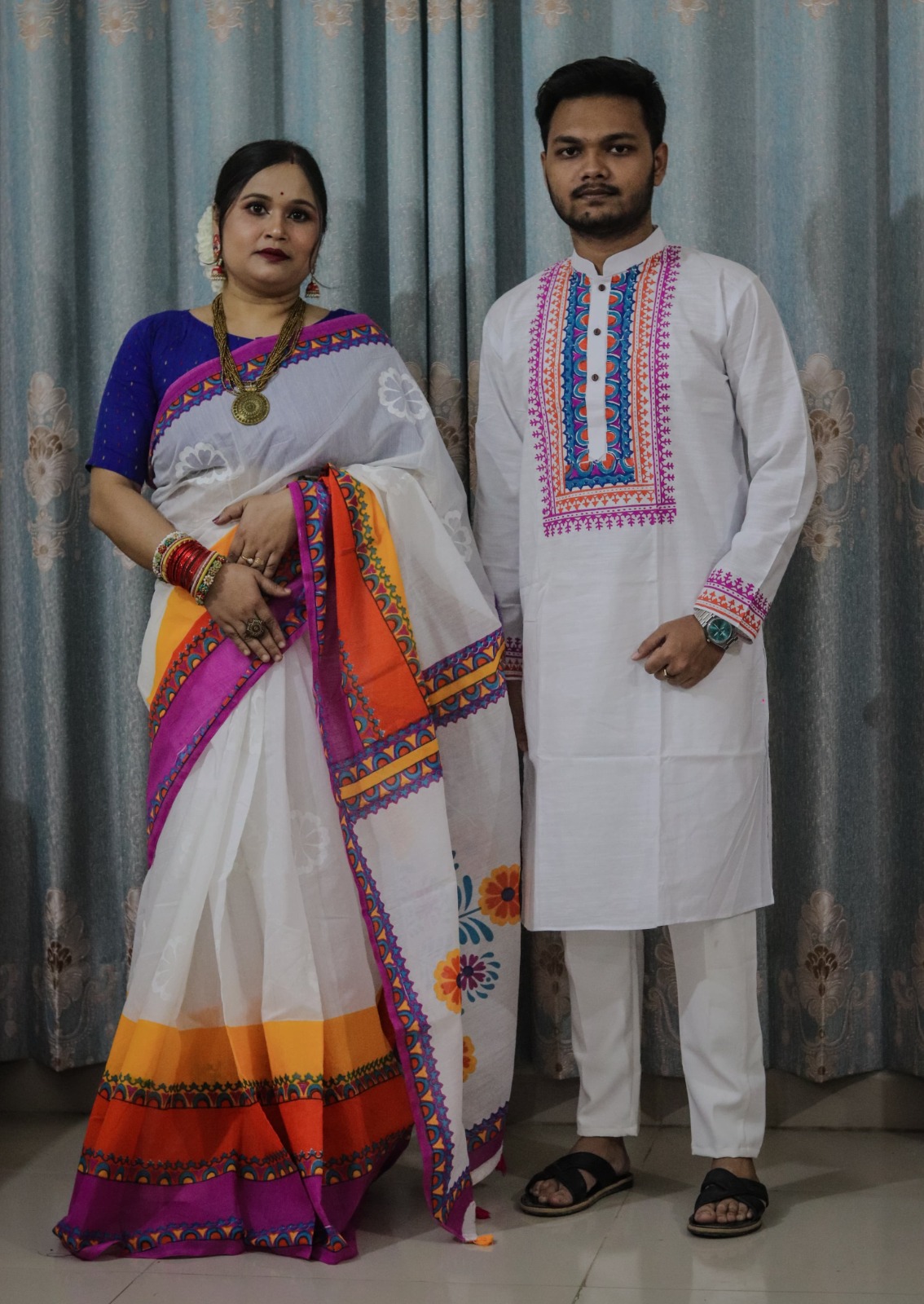 Couple Slub Cotton Panjabi and Half Silk Saree Set, 6 Colours
