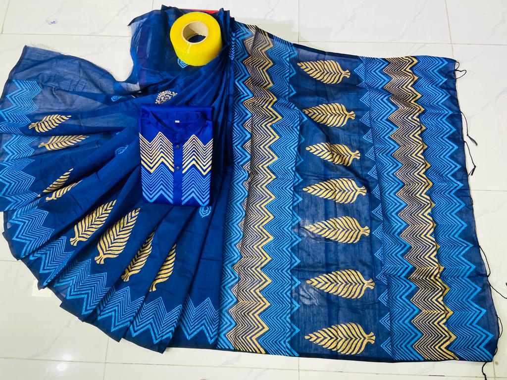Couple Dress in Dhupian Silk with Block Print, Saree and Panjabi
