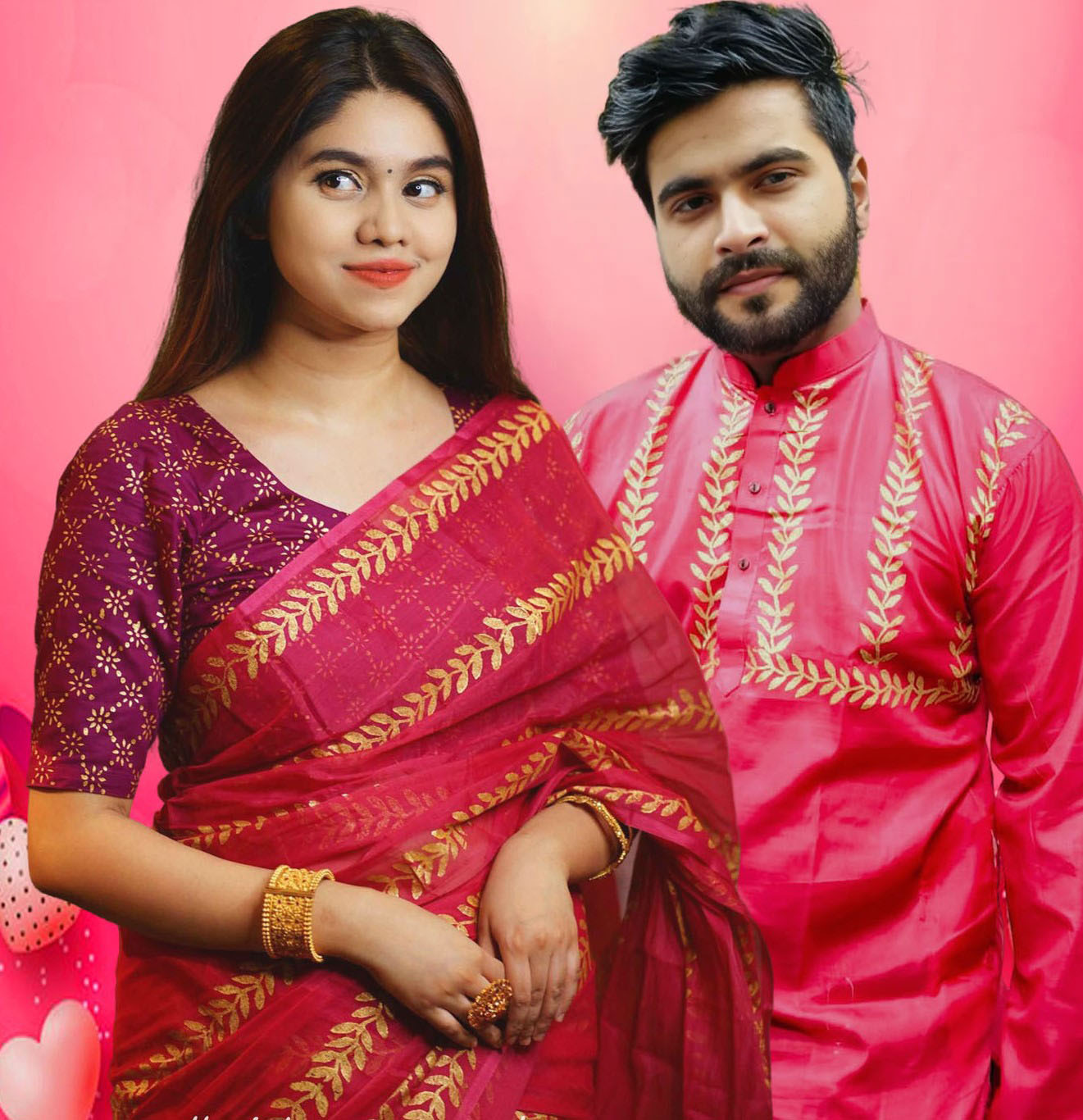 Semi Muslin Saree and Dhupian Silk Panjabi Couple Set