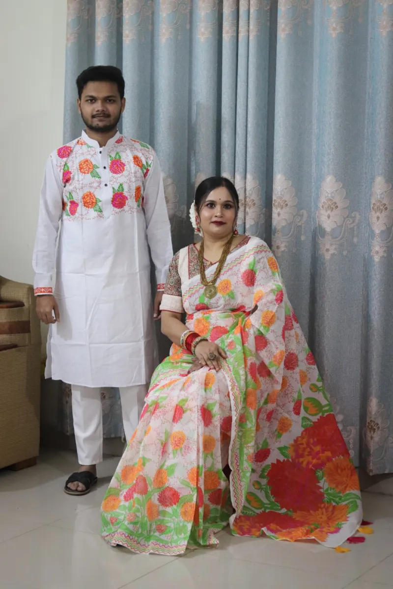 Couple Slub Cotton Panjabi and Half Silk Saree Set, 6 Colours