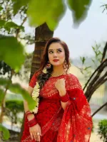 ব্লক প্রিন্ট সেমি মসলিন শাড়ি, কটন ভয়েল ব্লাউজ, 14 হাত