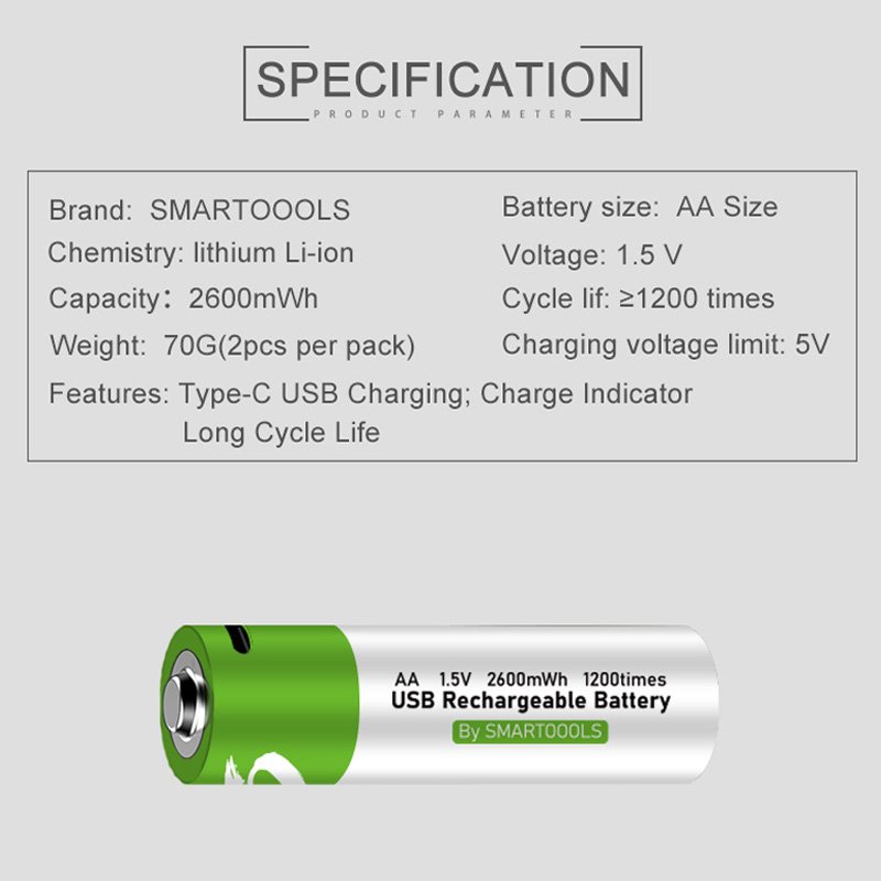 USB Type-C রিচার্জেবল AA ব্যাটারি 1.5V, ফাস্ট চার্জিং (4 পিস)