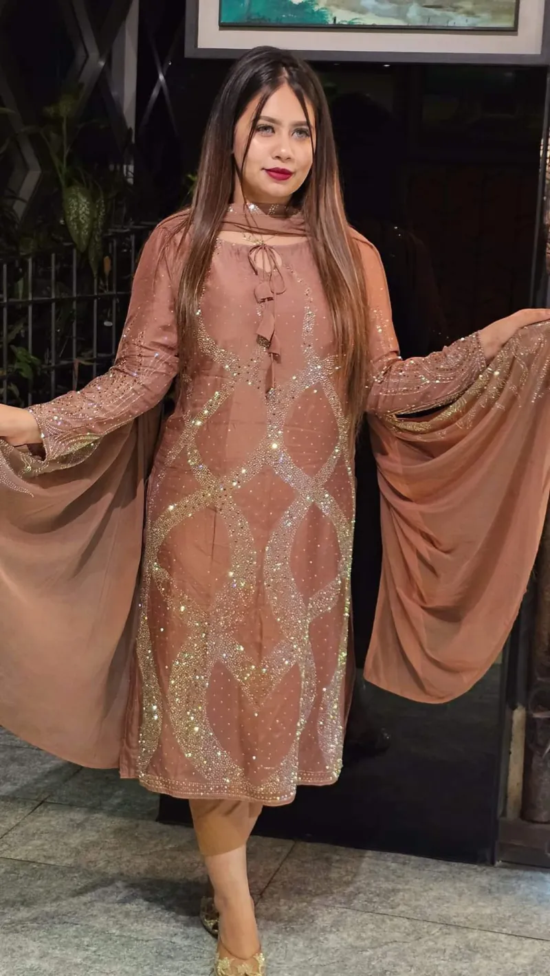 Stone Work Three Piece with Butter Silk Salwar, 2 Colours