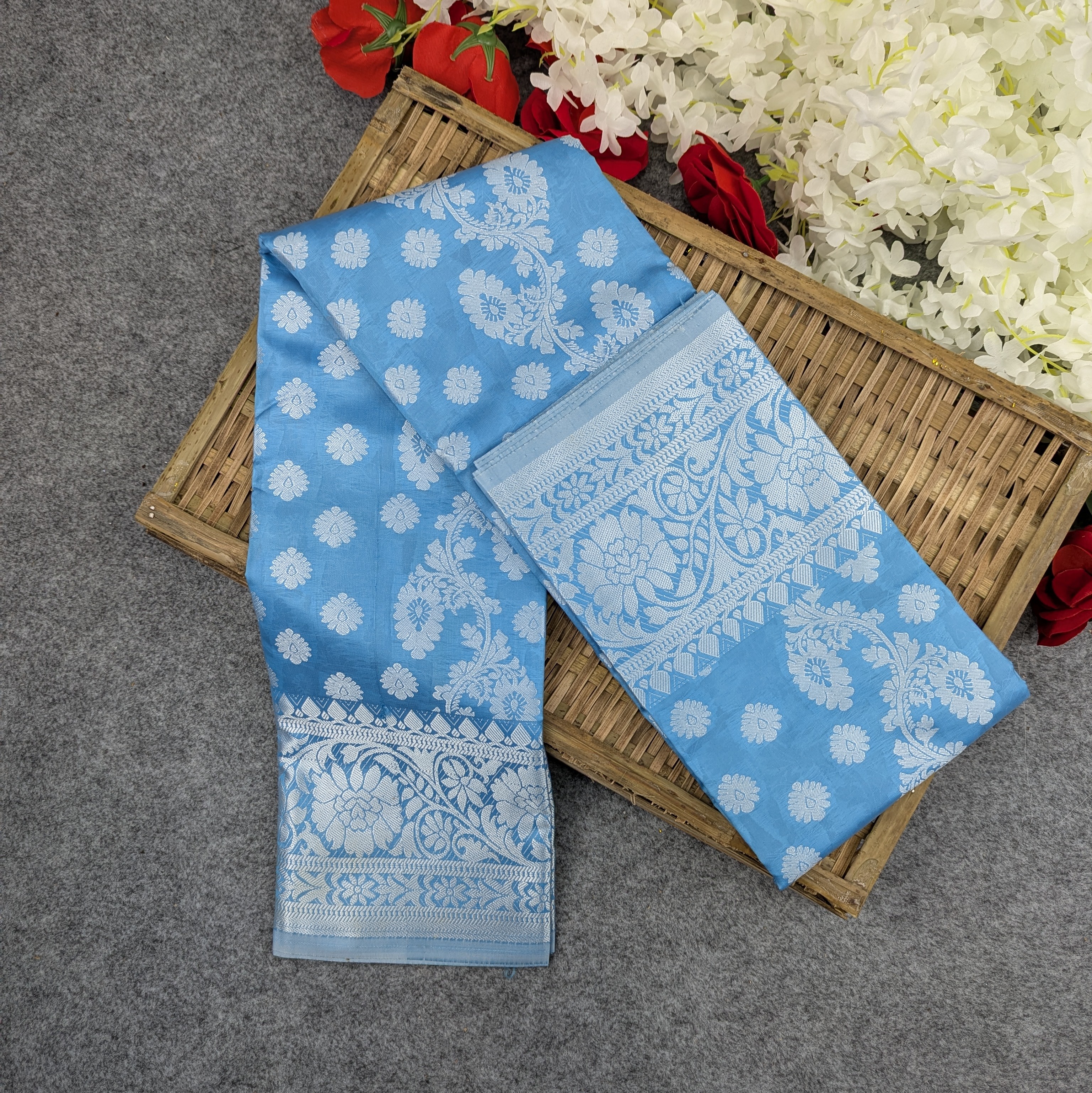 সিল্ক কাতান শাড়ি কম্বো সেট - আকাশি (Sky Blue)