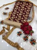 আধা সেলাই করা জর্জেট এমব্রয়ডারি থ্রি পিস, বডি 52 পর্যন্ত, 5 রং