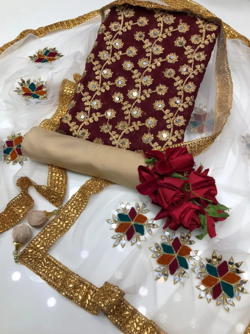 আধা সেলাই করা জর্জেট এমব্রয়ডারি থ্রি পিস, বডি 52 পর্যন্ত, 5 রং