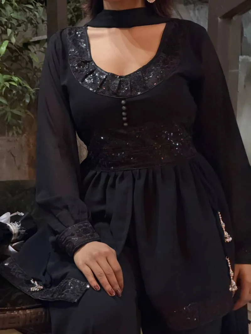 Black Georgette Sequin Three Piece with Tassels and Palazzo