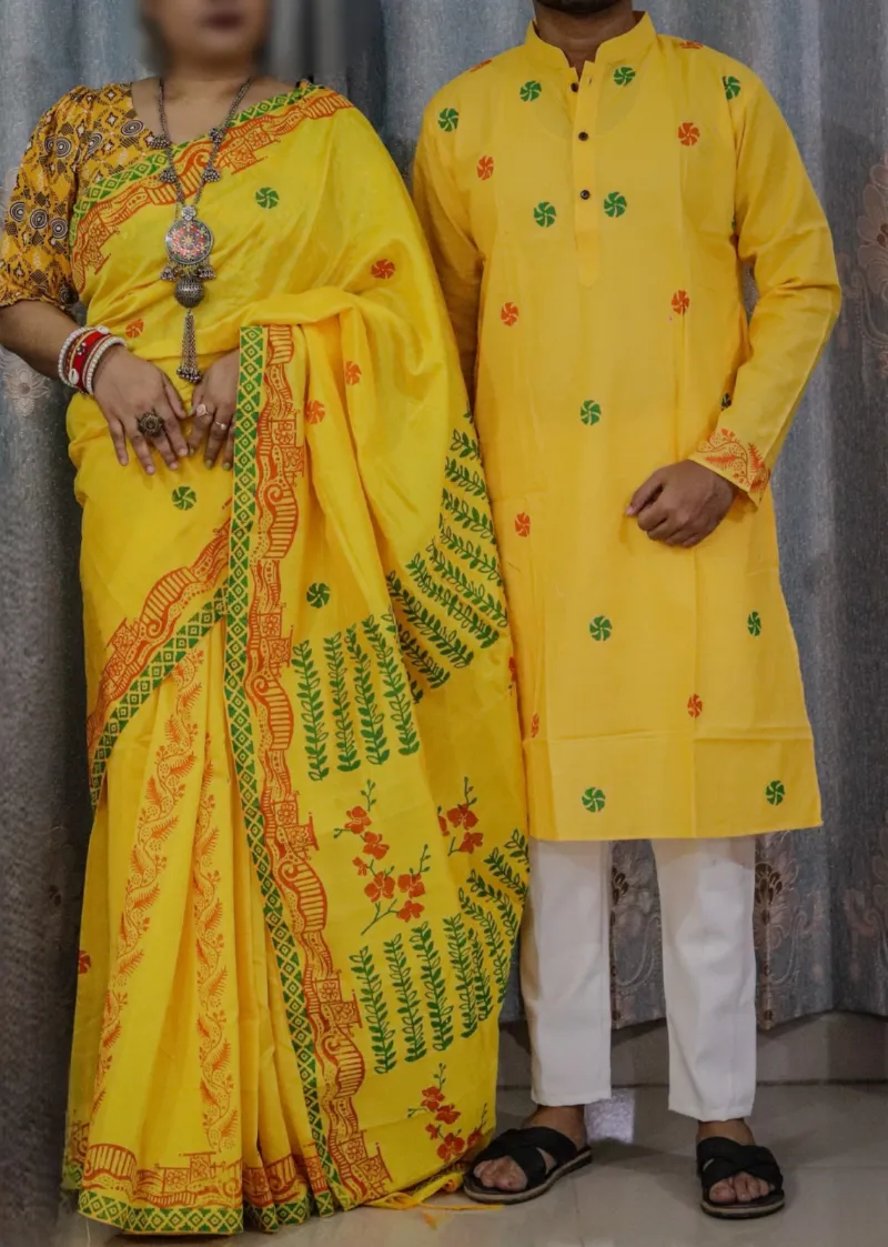 Block Print Dhupian Saree and Panjabi Couple Dress, 38 to 46