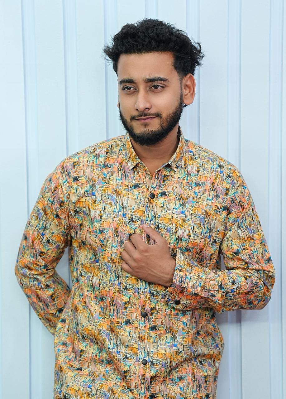 Men's Digital Print Pure Cotton Shirt with Snap Buttons