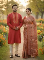 Couple Boutique Silk Saree and Panjabi Set, 13.5 Haath Saree