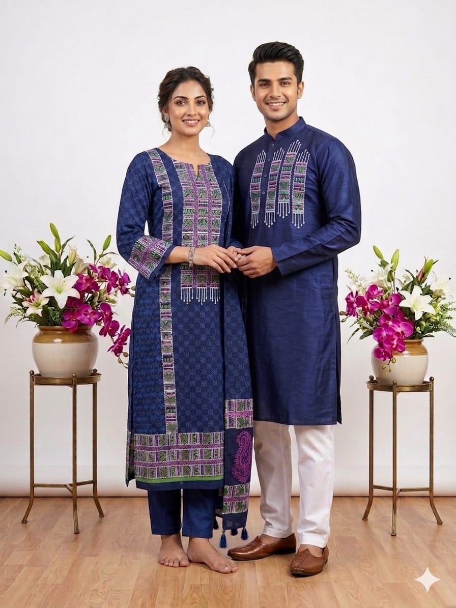 Couple Cotton Voile Three Piece and Dhupian Silk Panjabi Set