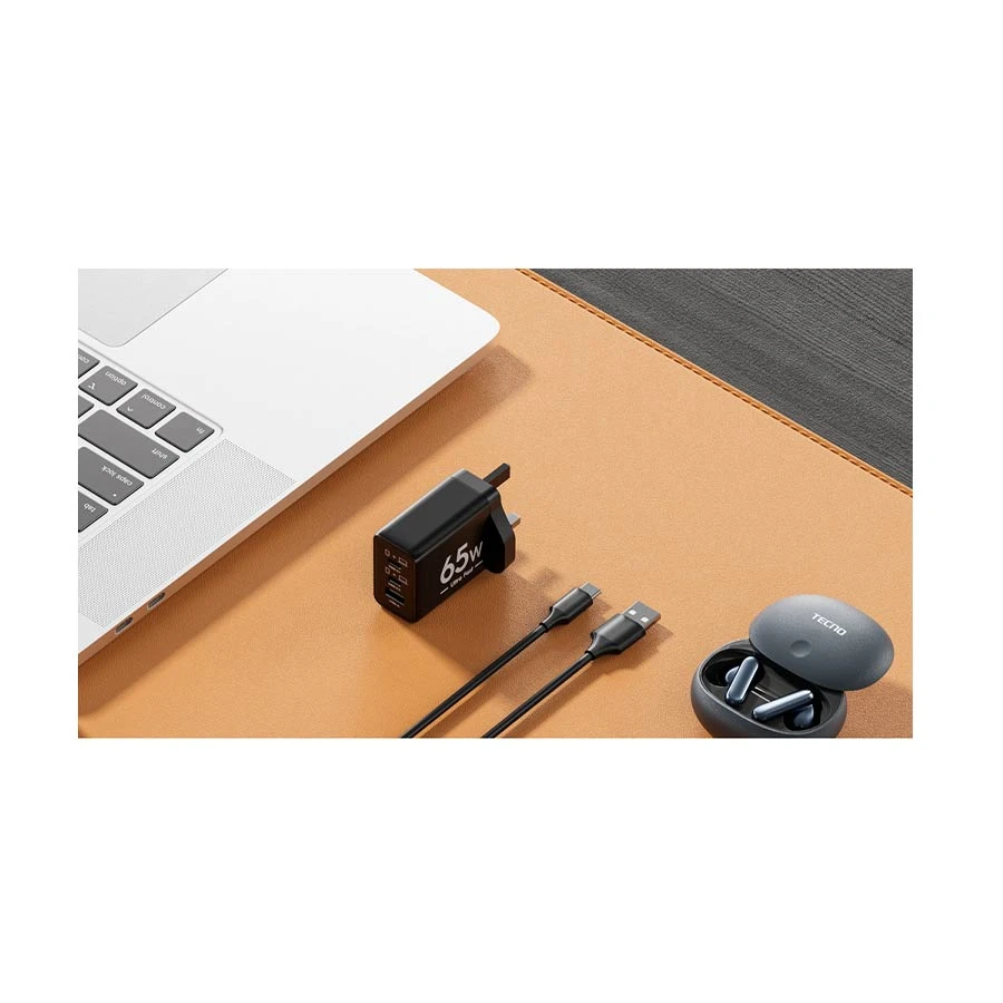 Tecno TCW-U60T 65W GaN USB & Dual USB-C Charger with Cable Black (UK)