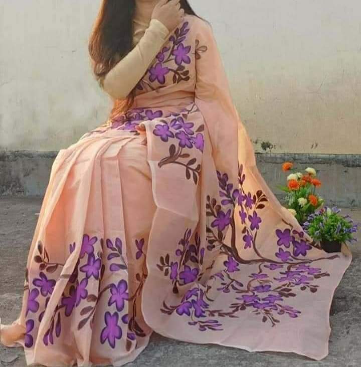 Women's Half Silk Hand Painted Saree with Brush Work