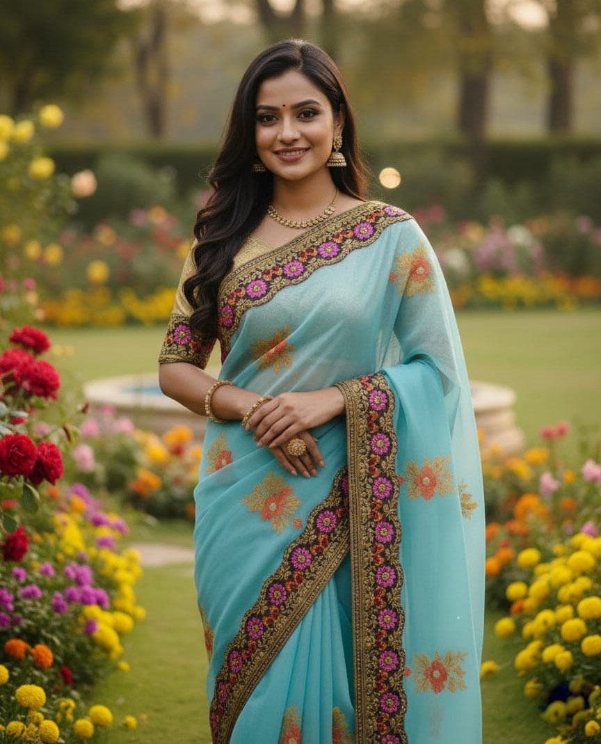Semi Muslin Saree with Sequin Embroidery and Running Blouse