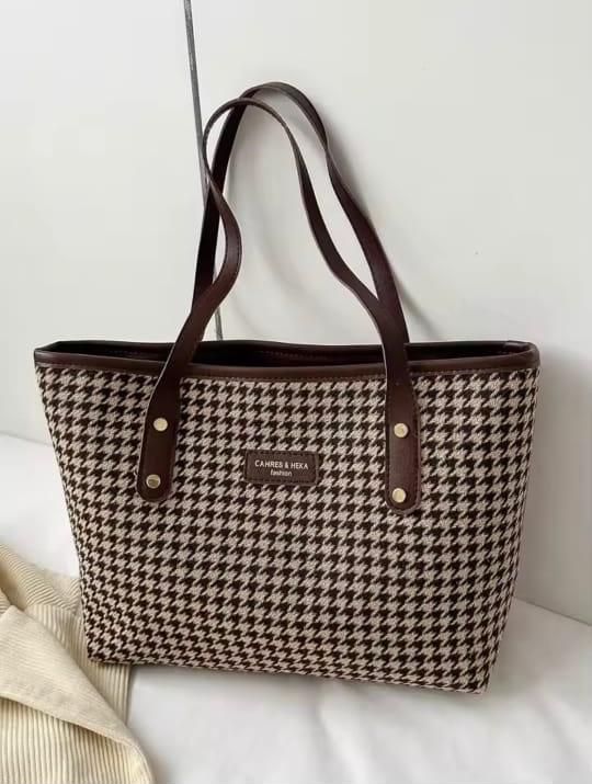 Women's Check Pattern Tote Bag with Zipper, 6 Colours