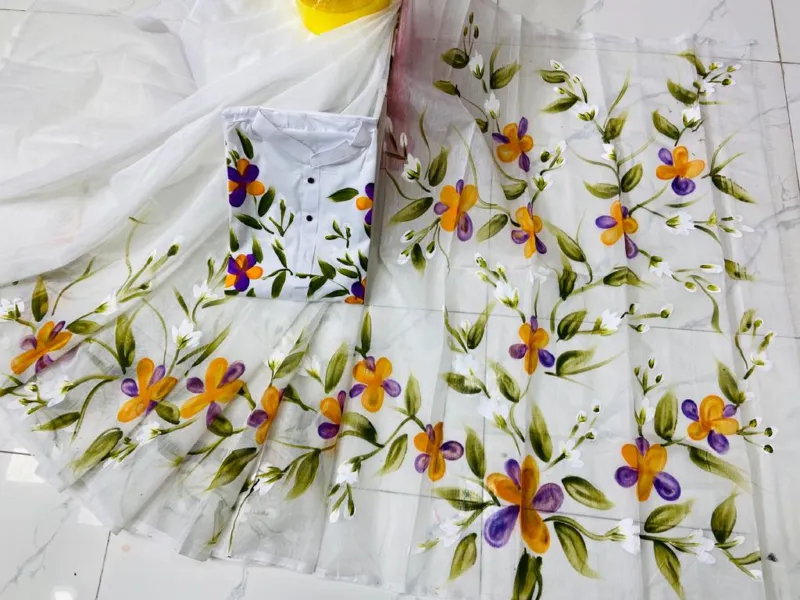 Hand Brush Print Couple Dress, Half Silk Saree and Dhupian Panjabi