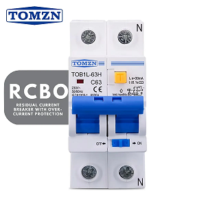 TOMZN RCBO TOB1L-63H 2P 63A 230V AC 50Hz/60Hz রেসিডুয়াল কারেন্ট সার্কিট ব্রেকার ওভার কারেন্ট & লিকেজ সুরক্ষা সহ RCBO