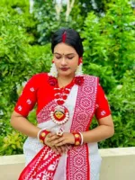 Pohela Boishakh Half Silk Saree with Red Border and Blouse Piece