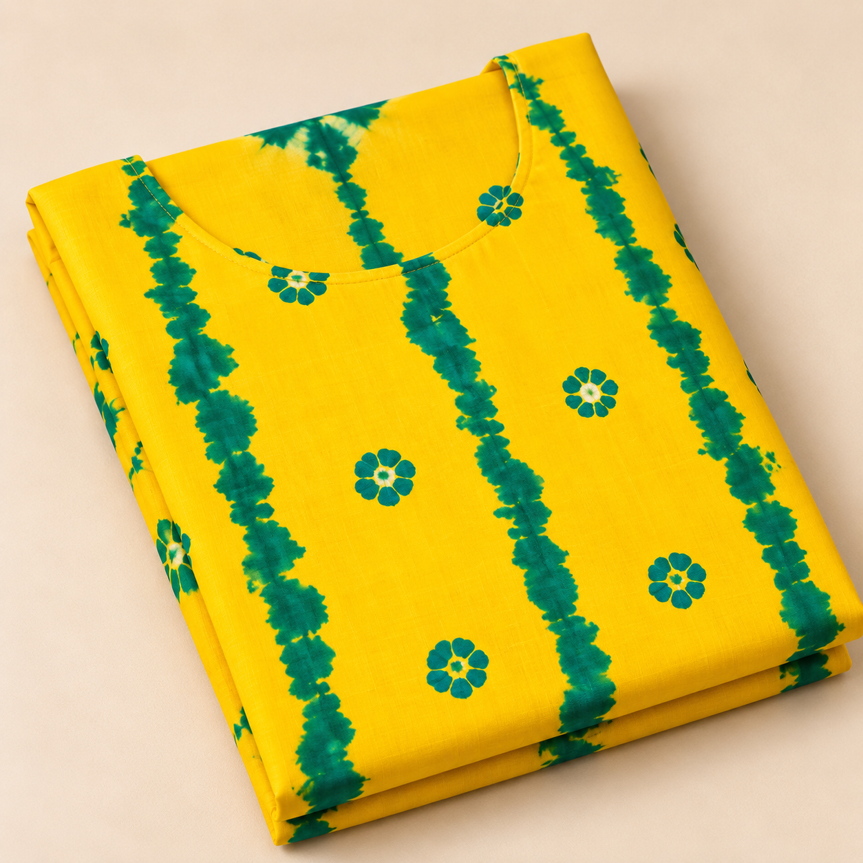 Unstitched Premium Tie-Dye & Batik Printed Cotton Three-Piece Suit - Bright Yellow & Green