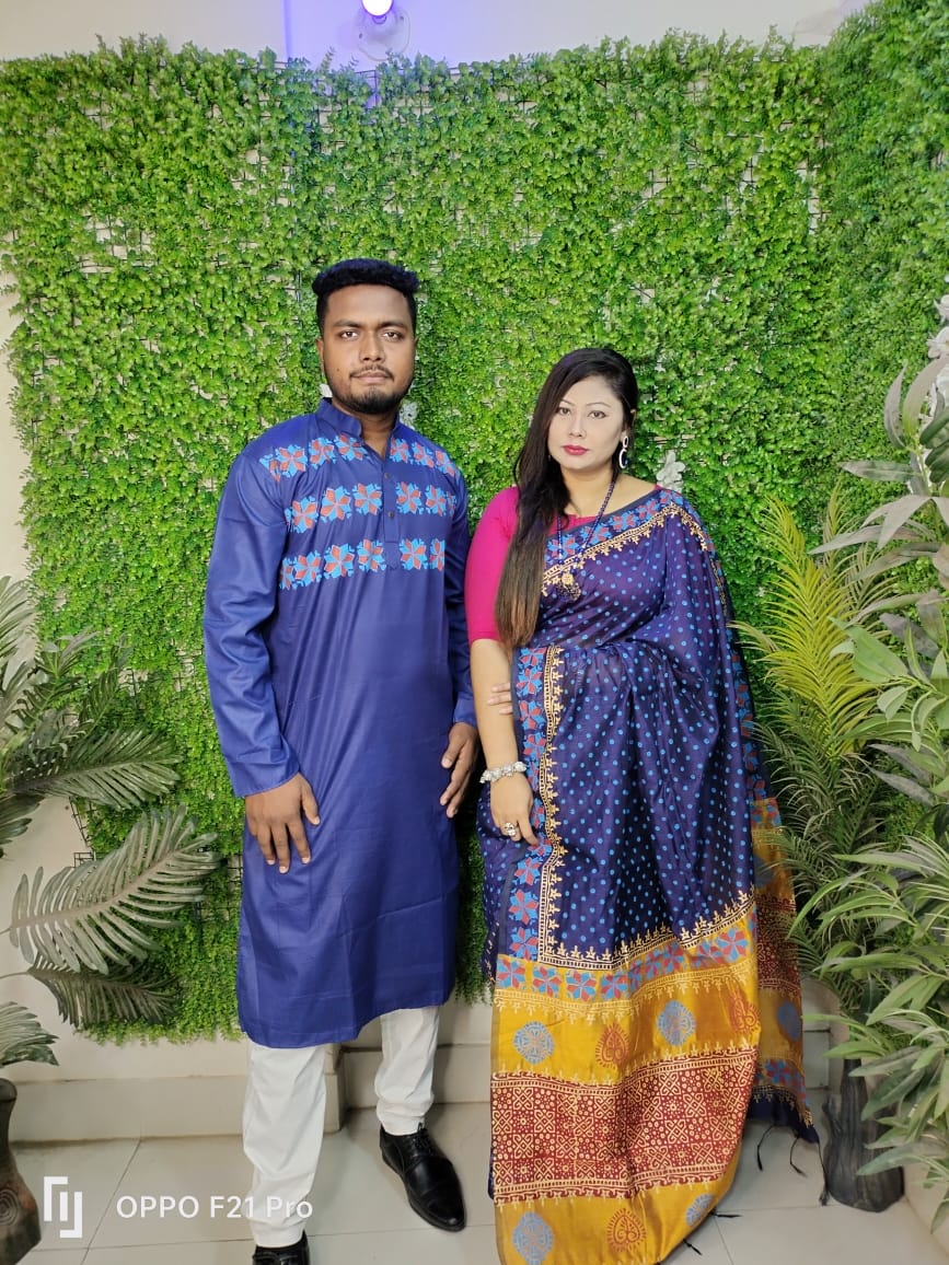 Dhupian Silk Couple Saree and Panjabi Set, Block and Screen Print