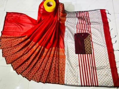 Matching Block Print Saree Panjabi Couple Set in Dhupian Silk