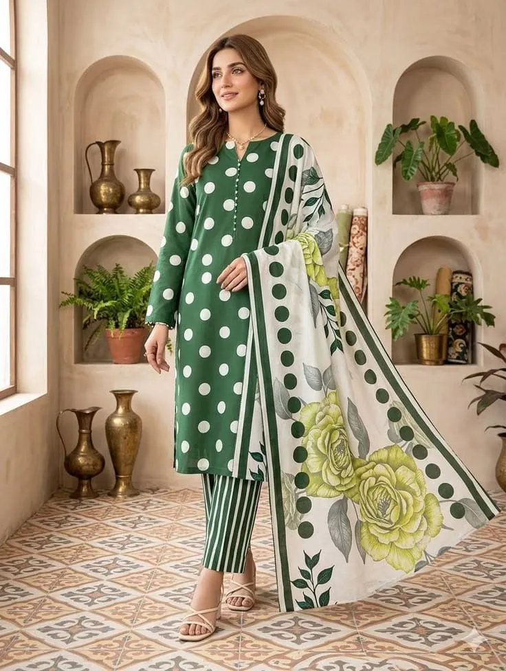 মেয়েদের স্ক্রিন প্রিন্ট থ্রি-পিস, AC কটন কামিজ