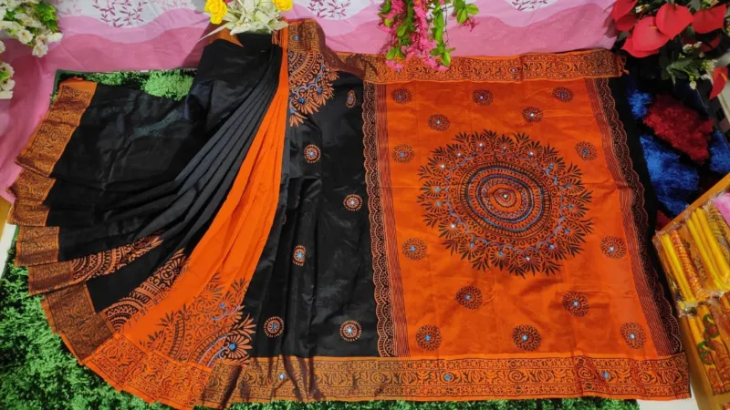 Dhupian Silk Sari with Block Print and Embroidery for Women