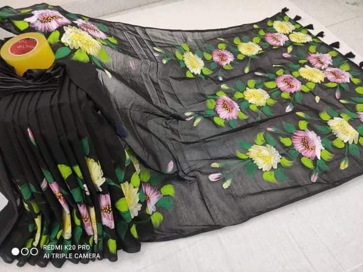 Hand Printed Half Silk Saree for Women, 6 Colour Choices