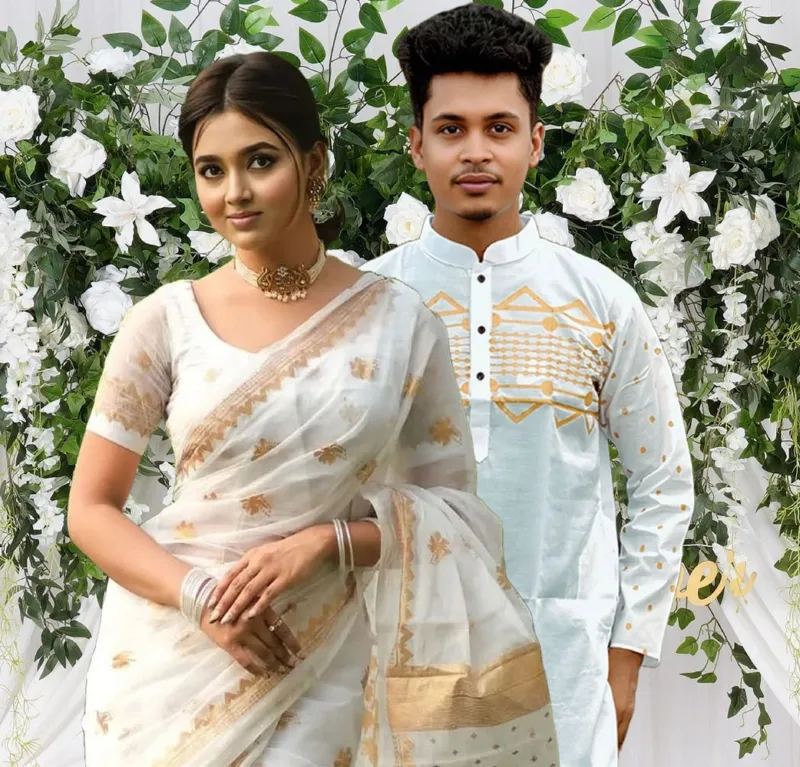 Couple Set, Semi Muslin Screen Print Saree and Block Print Panjabi
