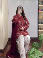 মেয়েদের কটন স্কিন প্রিন্ট থ্রি-পিস, লেসসহ, সাইজ L থেকে XXL