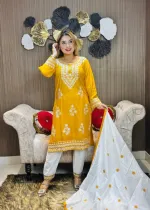 চিকনকারি নেকলেস এমব্রয়ডারি কটন থ্রি পিস, রেয়ন সিল্ক ওড়না