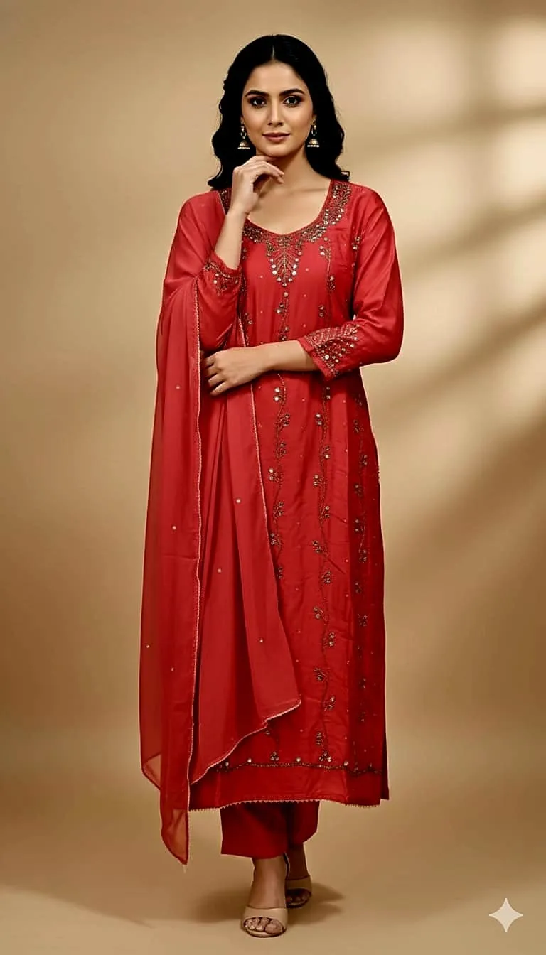 AC Cotton Karchupi Three Piece with Butter Silk Pant, Free Size