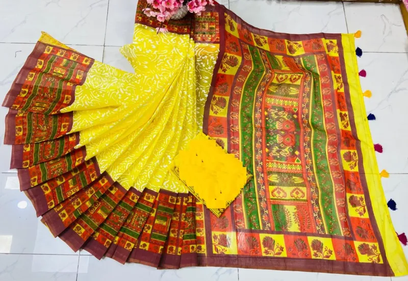 Half Silk Screen Print Saree, Saree Only, 6 Colours