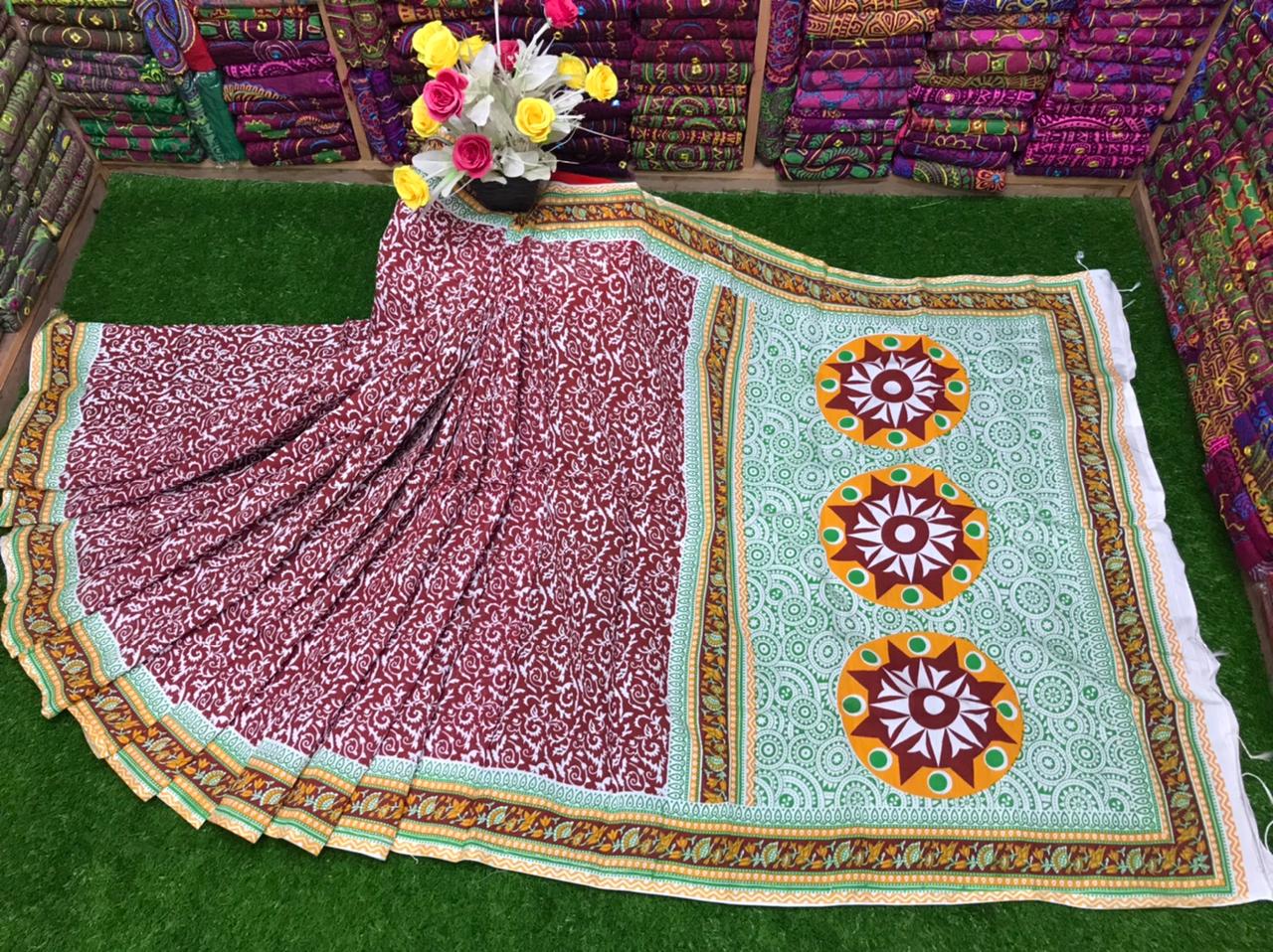 Embroidered Dhupian Silk Saree with Block Print, 6 Colours