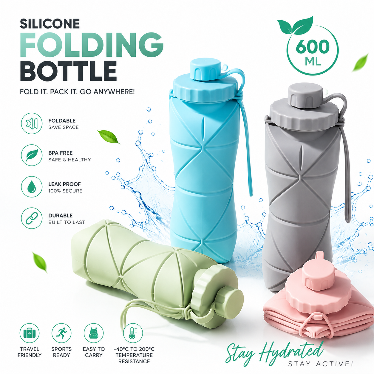 সিলিকন ফোল্ডিং ওয়াটার কাপ 600ml – ঢাকনা ও হাতলসহ (মাল্টি-কালার)