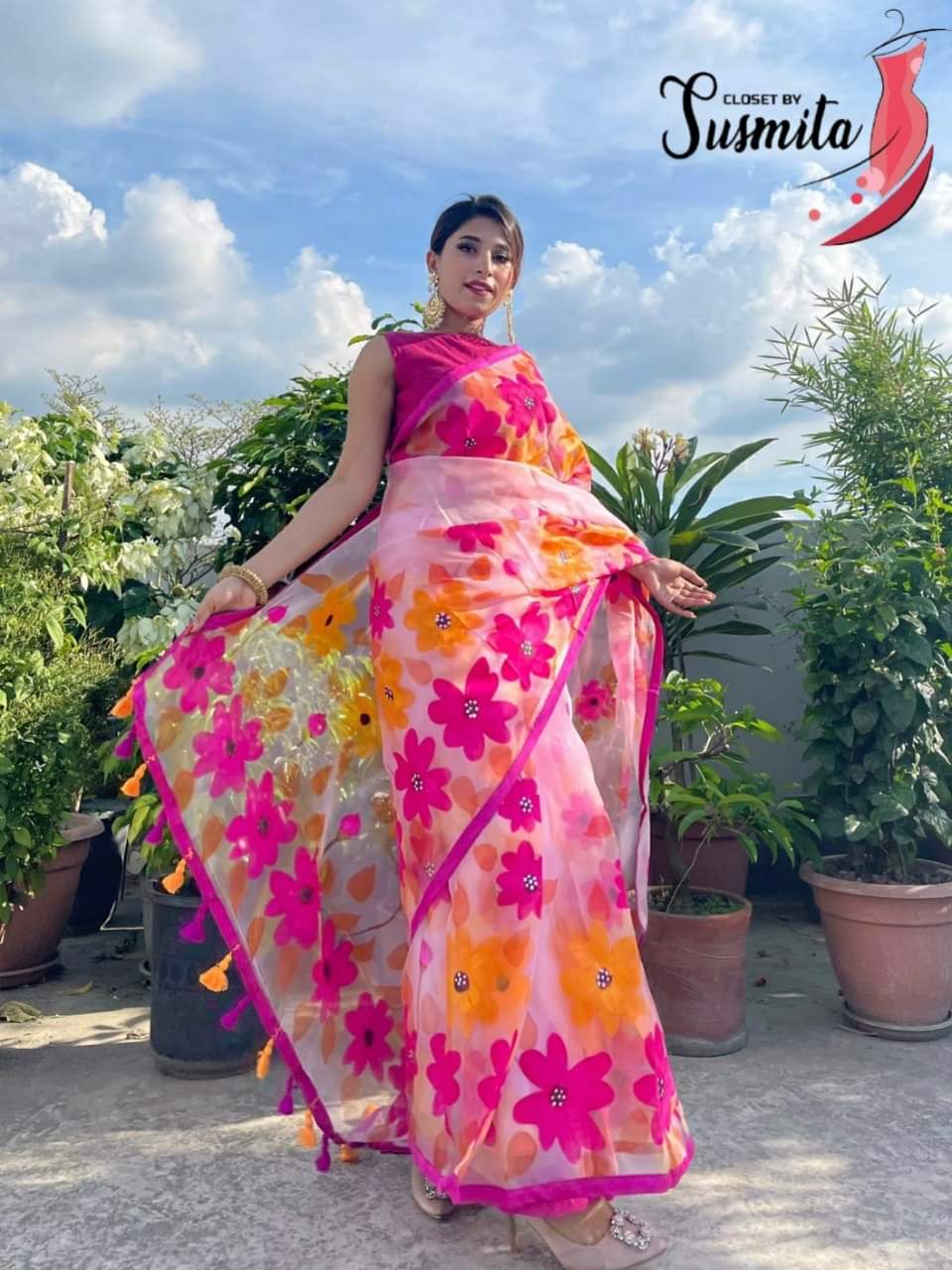 Hand Painted Half Silk Saree, 12 Haath Long, 6 Colours