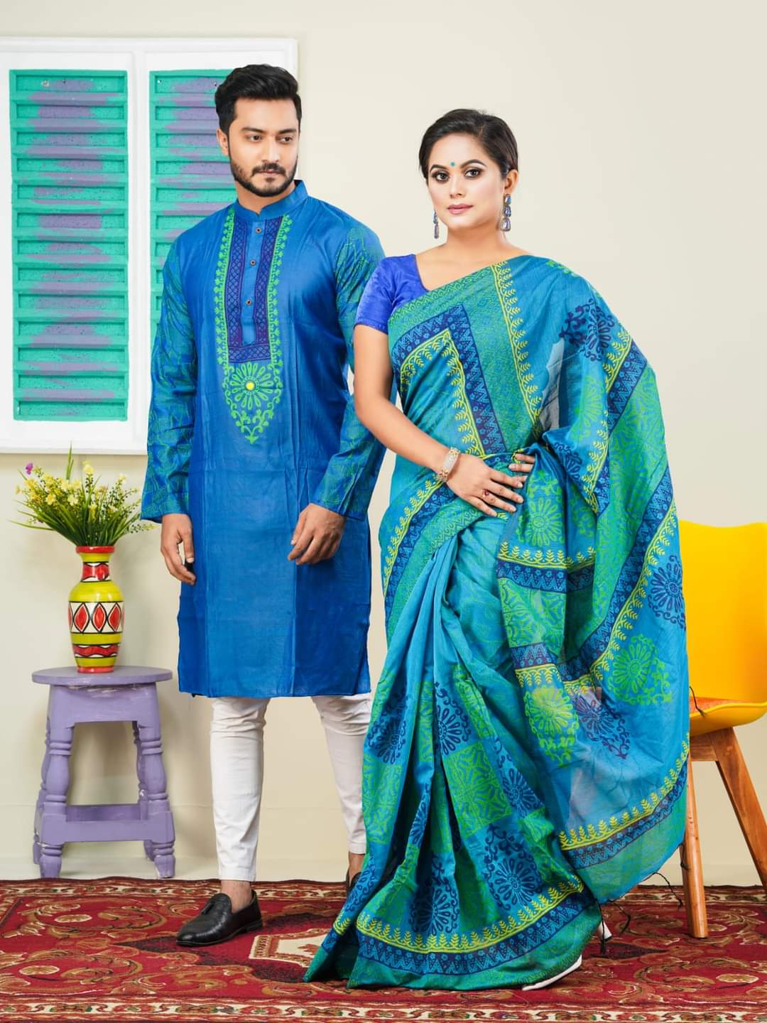 Block Print Dhupian Silk Couple Set, Saree and Panjabi, 4 Colours