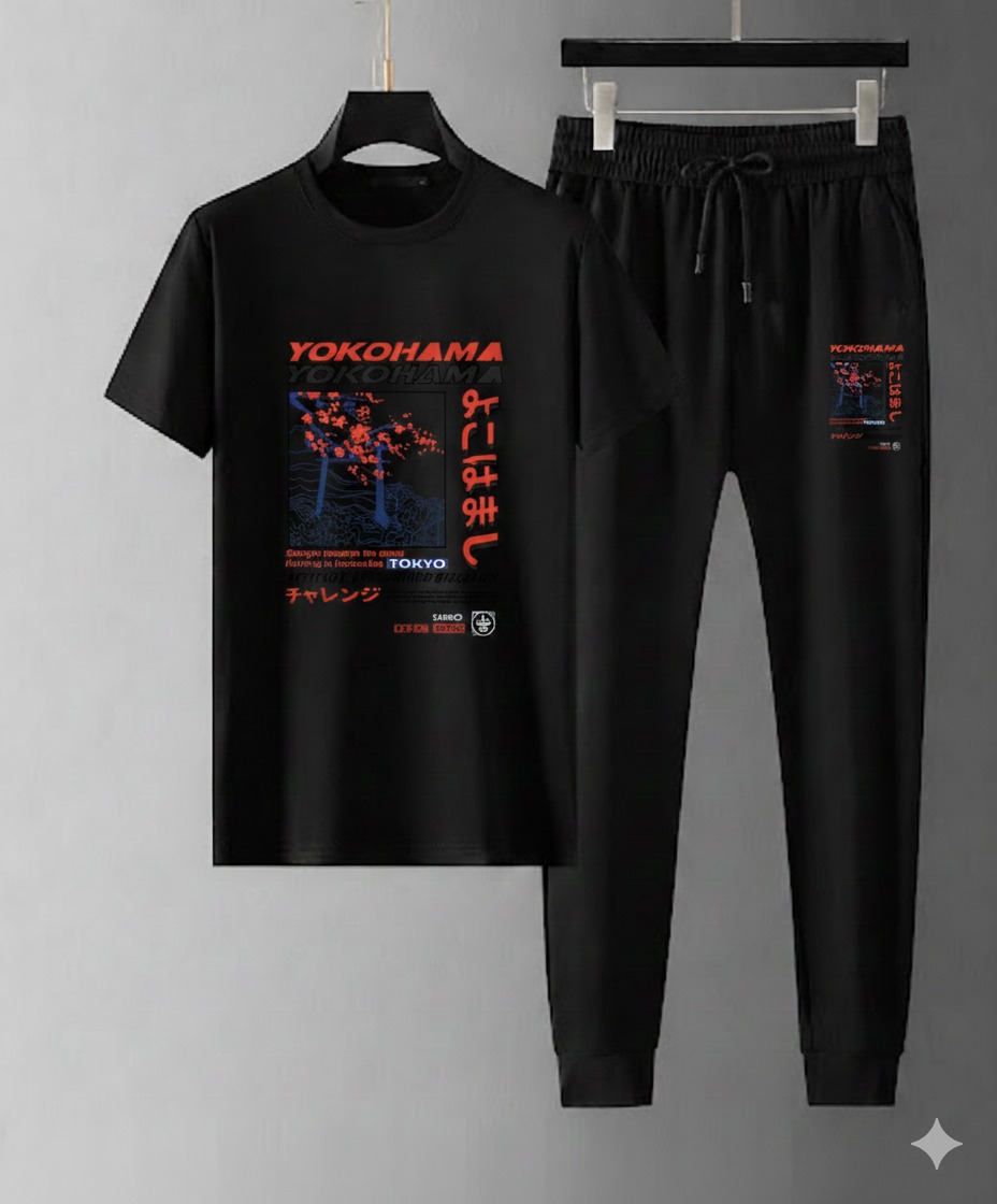 Men's Screen Print T-Shirt and Trouser Set in Mesh Jersey, 6 Colours