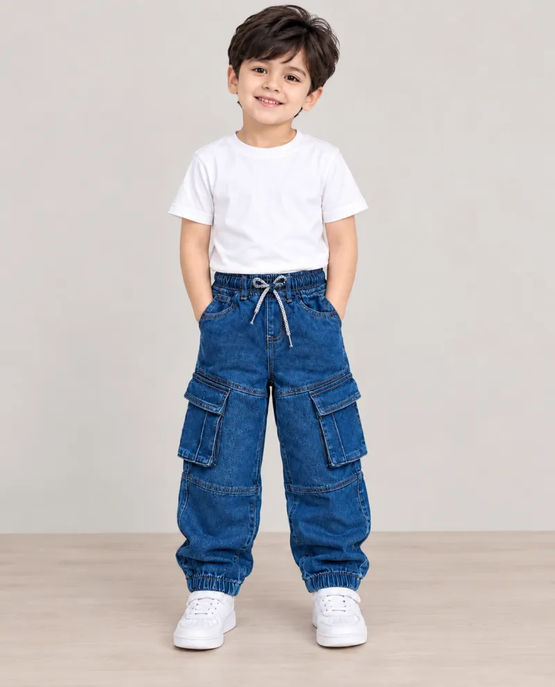 Boys' Six Pocket Cotton Denim Baggy Joggers, 2 to 12 Years