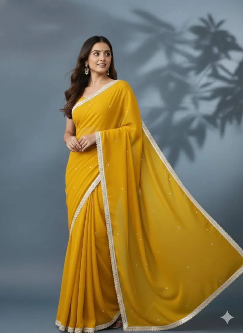 Georgette Saree with Stone Work and Lace, Matching Blouse