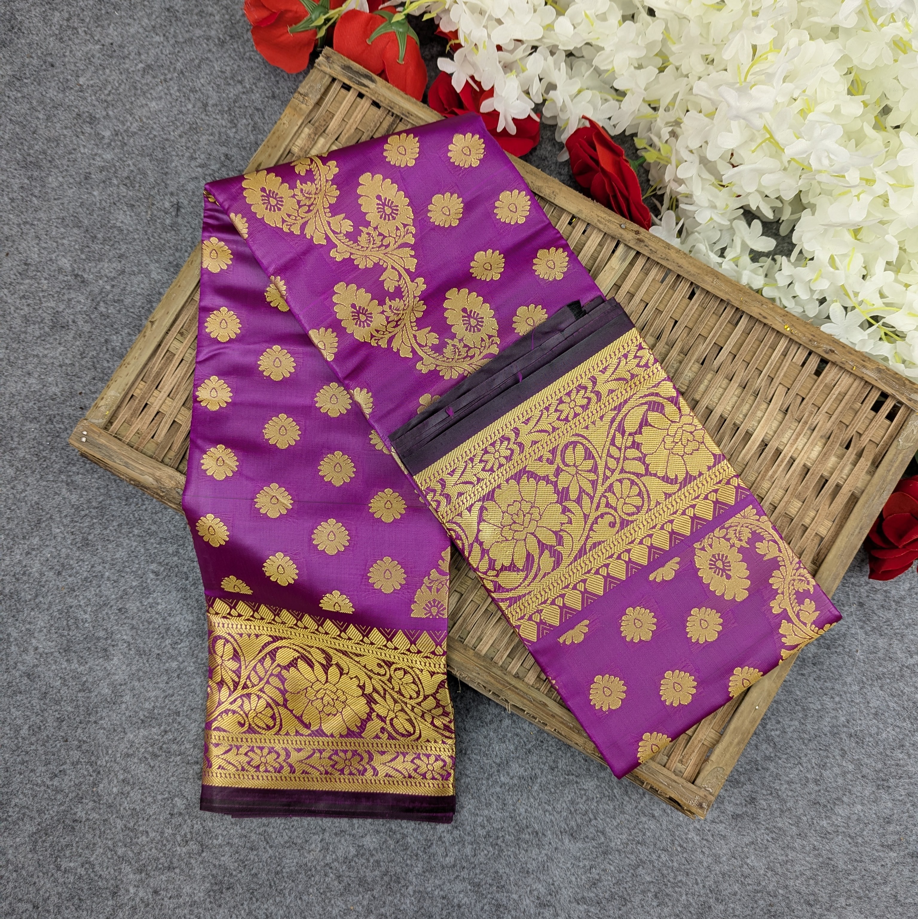 সিল্ক কাতান শাড়ি কম্বো সেট - বেগুনি (Purple)