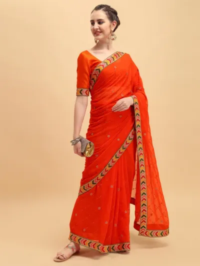 এমব্রয়ডারি জর্জেট শাড়ি, ম্যাচিং ব্লাউজ পিস সহ, 12 হাত