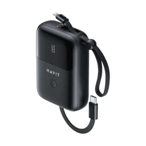 HAVIT PB5215 10000mAh ডিসপ্লে পাওয়ার ব্যাংক, USB-C ও Lightning কেবলসহ – কালো