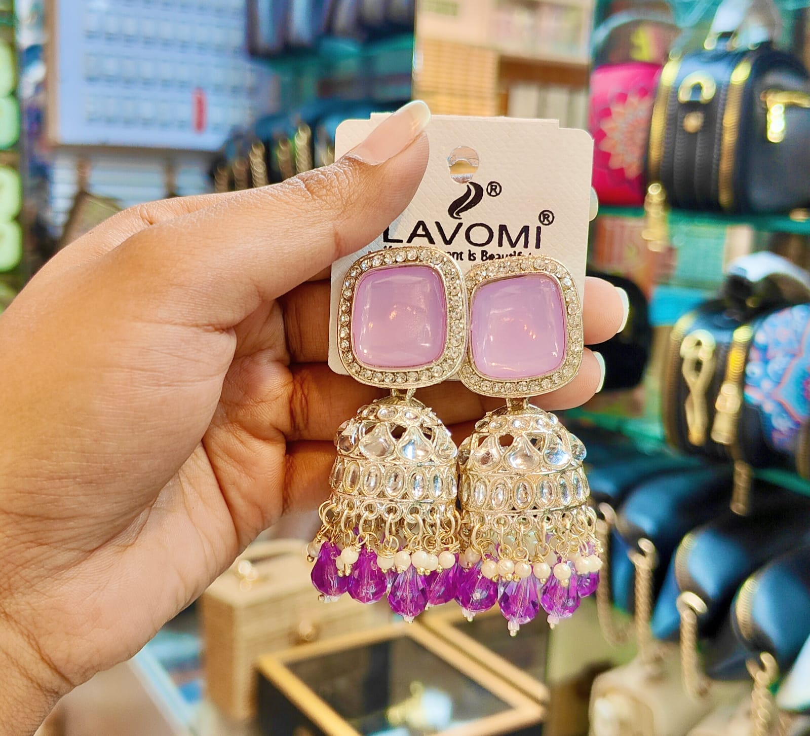 Premium Square Lavender & Purple Stone Kundan Jhumka Earrings (Square Lavender & Purple Kundan Jhumka Earrings)