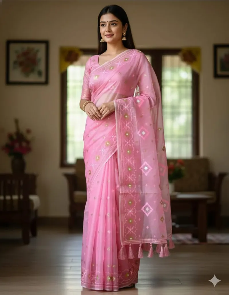 Light Half Silk Saree with All-Over Jamdani Print, 6 Colours