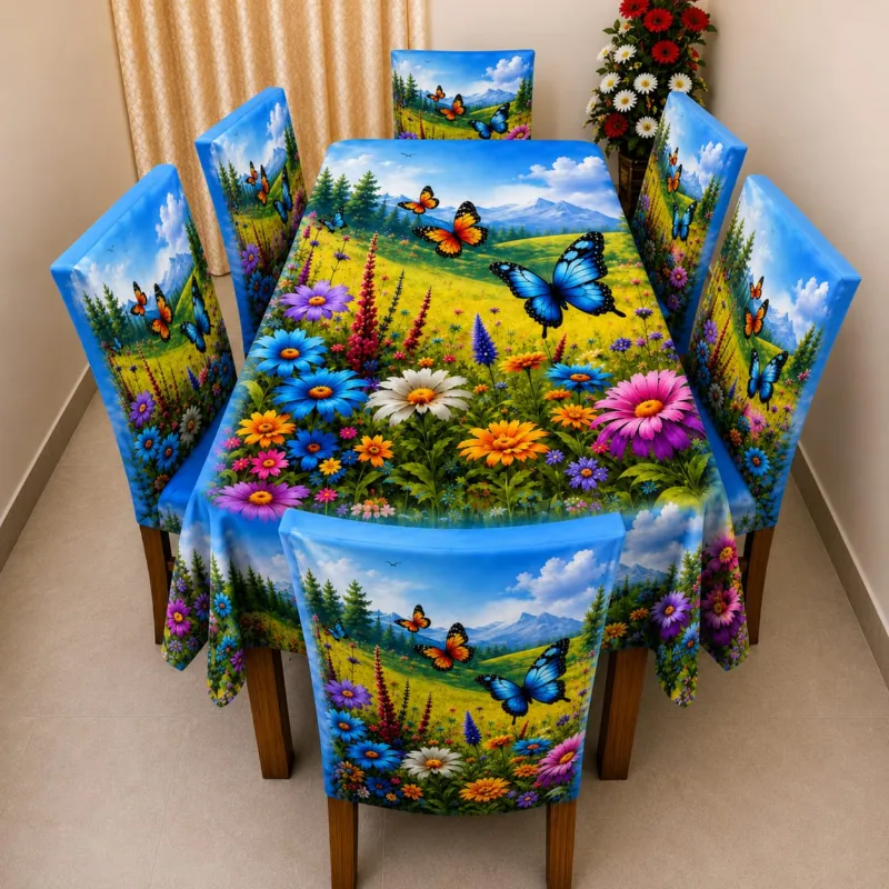 3D Print Velvet Dining Table Cloth and 6 Chair Covers, 3 Colours